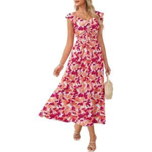GRACE KARIN 2026 Summer Boho Maxi Dresses for Women Ruffle Sleeve Floral Dress Flowy A-line Wedding Guest Dress with Pocket(Orange Red)