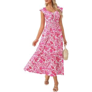 GRACE KARIN 2026 Summer Boho Maxi Dresses for Women Ruffle Sleeve Floral Dress Flowy A-line Wedding Guest Dress with Pocket(White Pink)