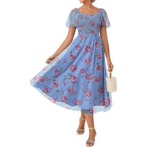 GRACE KARIN Women’s Summer Floral Maxi Dress 2026 Square Neck Smocked Mesh Dresses Short Sleeve Wedding Guest Sundress(Floral Blue)