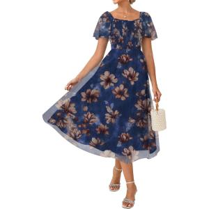 GRACE KARIN Women’s Summer Floral Maxi Dress 2026 Square Neck Smocked Mesh Dresses Short Sleeve Wedding Guest Sundress(Floral Navy Blue)