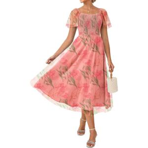 GRACE KARIN Women’s Summer Floral Maxi Dress 2026 Square Neck Smocked Mesh Dresses Short Sleeve Wedding Guest Sundress(Floral Orange Pink)