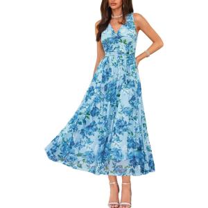 GRACE KARIN Women’s Summer Sleeveless Maxi Dress V Neck Floral Wedding Guest Dress A Line Ruffle Beach Vacation Clothes(Blue Floral)