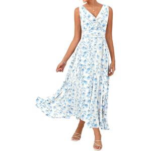 GRACE KARIN Women’s Summer Sleeveless Maxi Dress V Neck Floral Wedding Guest Dress A Line Ruffle Beach Vacation Clothes(White Blue)