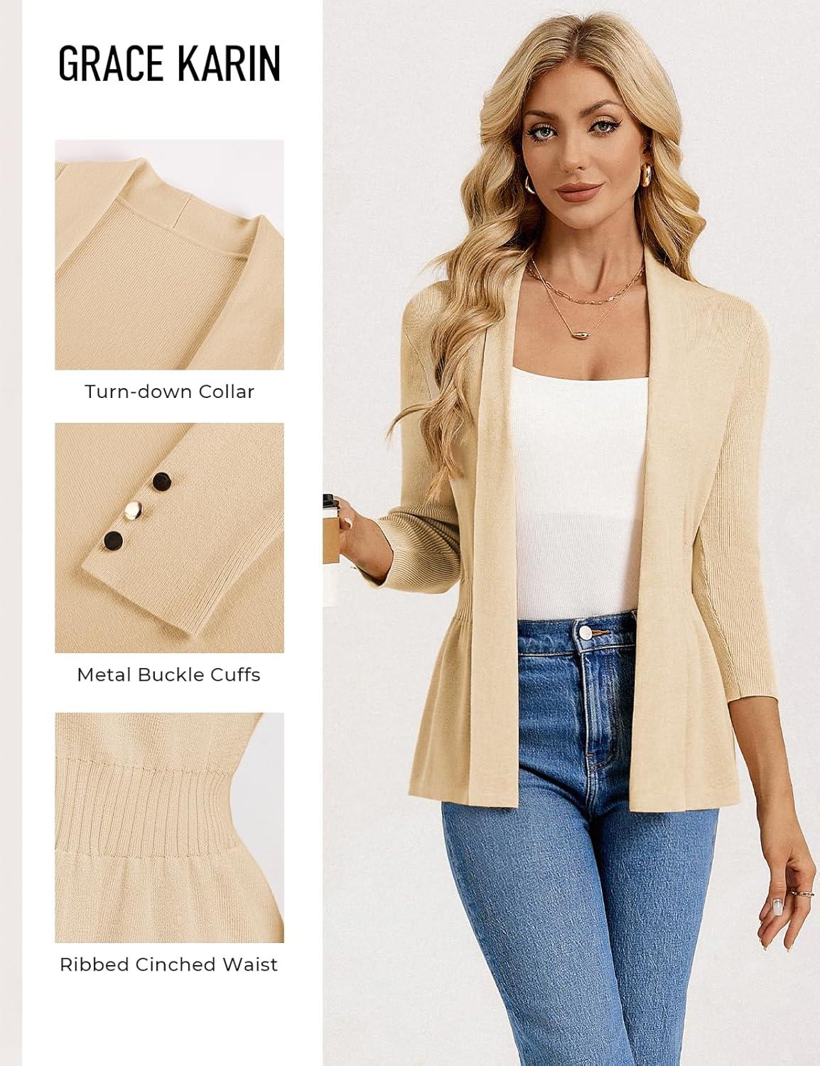 imageGRACE KARIN Cardigan for Women Trendy Lightweight Knit Sweaters Open Front Peplum Tops 2026 Spring OutfitsApricot