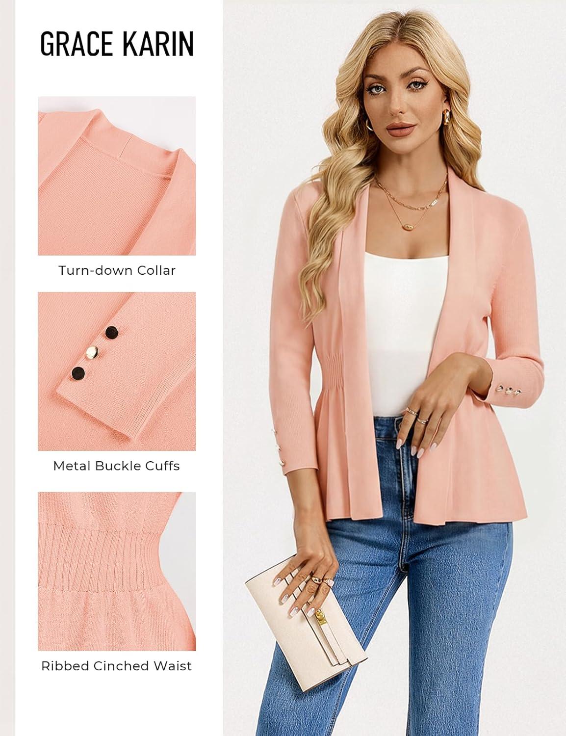 imageGRACE KARIN Cardigan for Women Trendy Lightweight Knit Sweaters Open Front Peplum Tops 2026 Spring OutfitsLight Pink