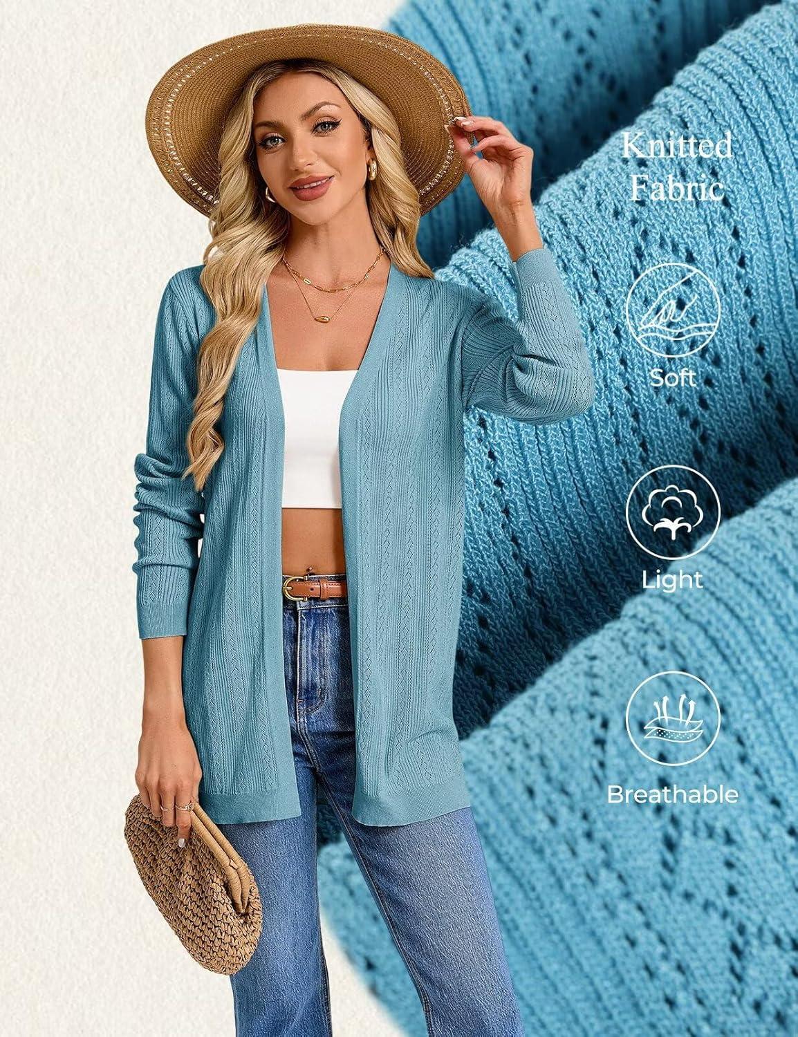 imageGRACE KARIN Long Cardigans for Women Lightweight Open Front Cardigan Trendy 2026 Crochet Casual Spring Vacation OutfitsLight Blue