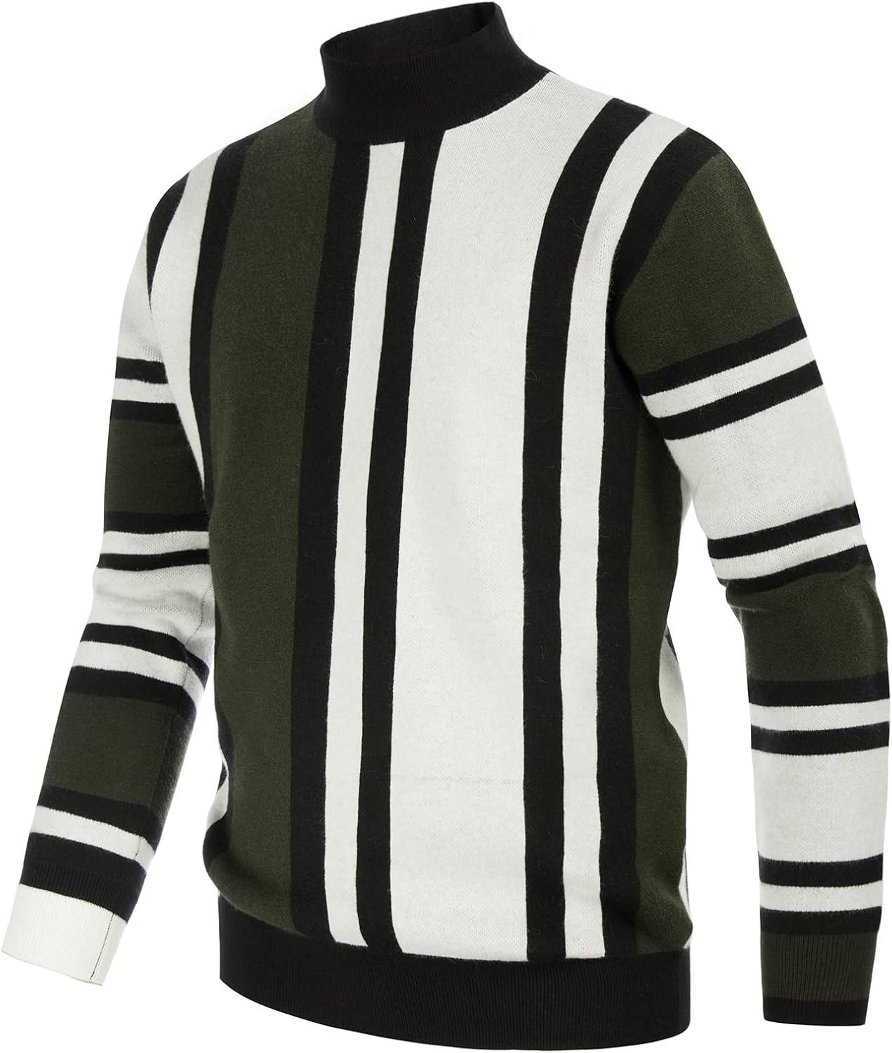 imageGRACE KARIN Mens Sweater Turtleneck Striped Pullover Fashion Christmas SweaterArmy Green