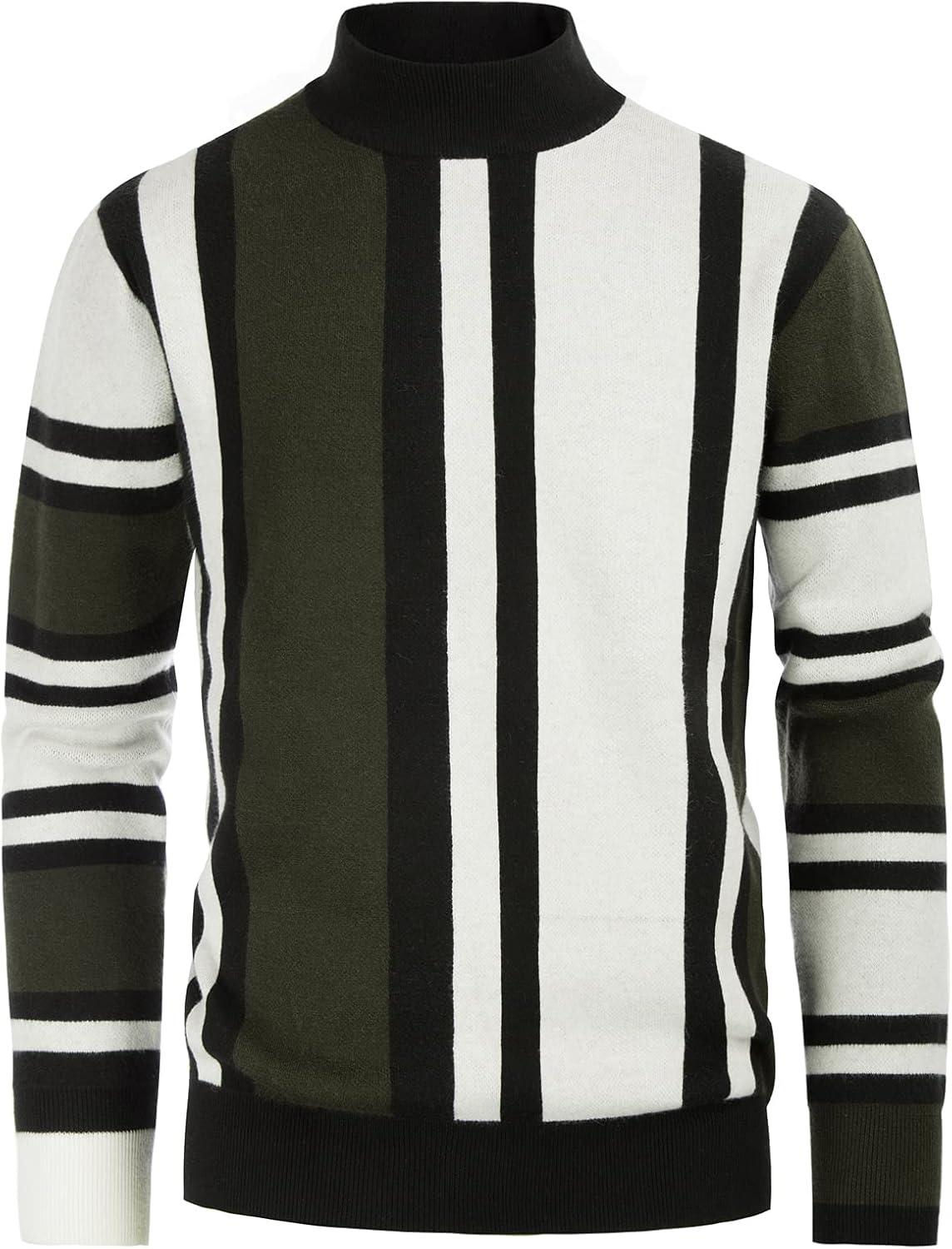 imageGRACE KARIN Mens Sweater Turtleneck Striped Pullover Fashion Christmas SweaterArmy Green
