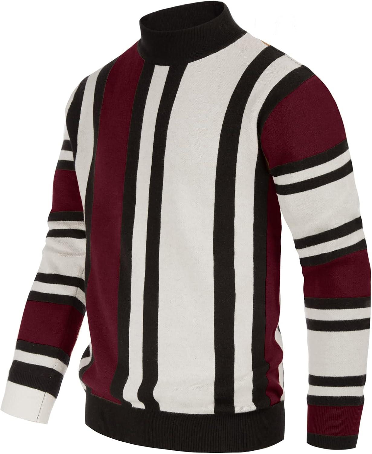 imageGRACE KARIN Mens Sweater Turtleneck Striped Pullover Fashion Christmas SweaterBeige