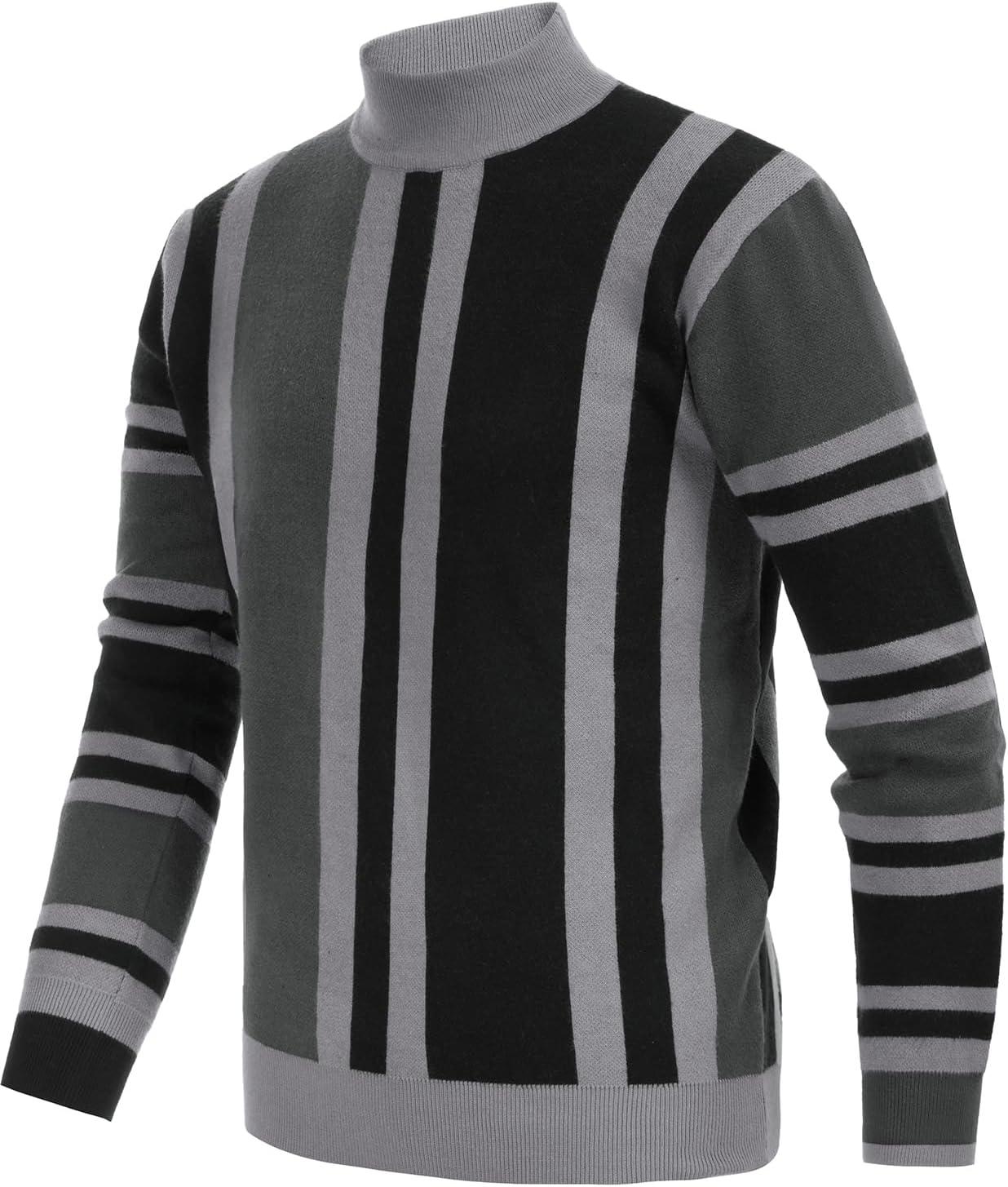 imageGRACE KARIN Mens Sweater Turtleneck Striped Pullover Fashion Christmas SweaterBlack