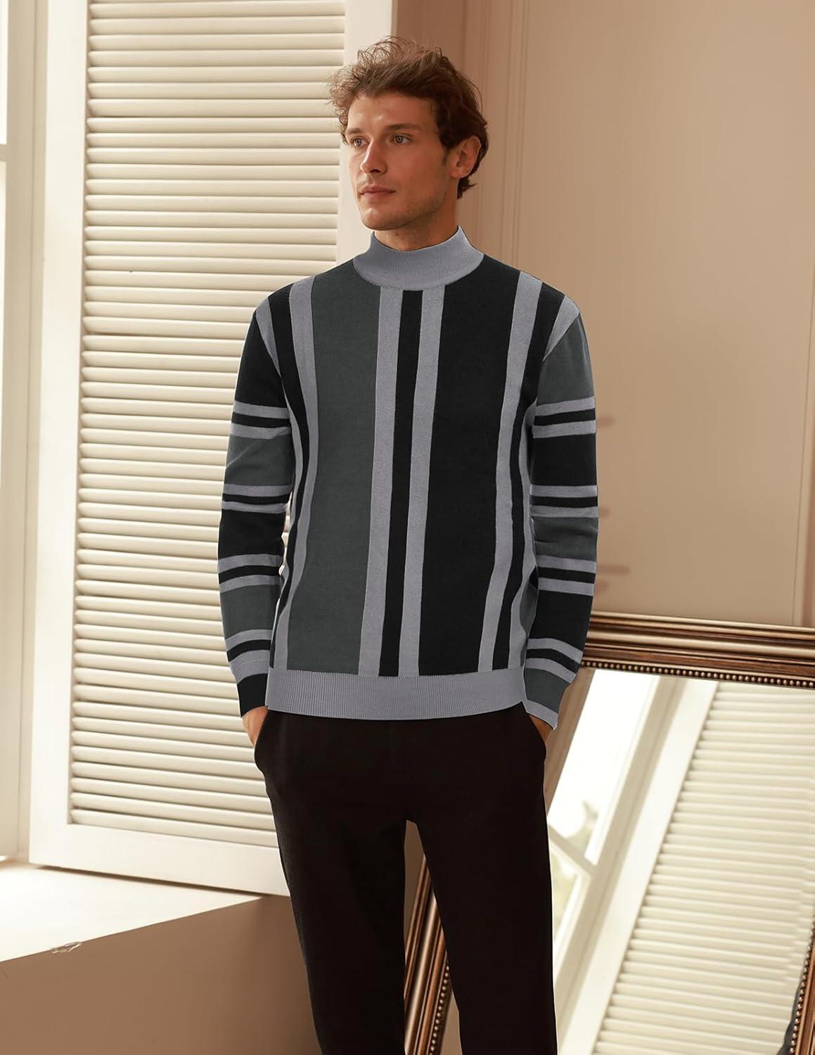 imageGRACE KARIN Mens Sweater Turtleneck Striped Pullover Fashion Christmas SweaterBlack