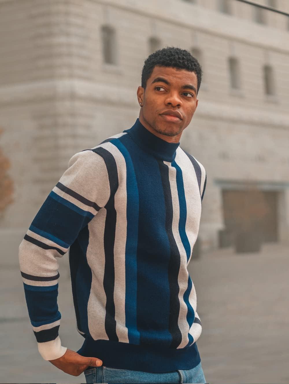 imageGRACE KARIN Mens Sweater Turtleneck Striped Pullover Fashion Christmas SweaterBlue