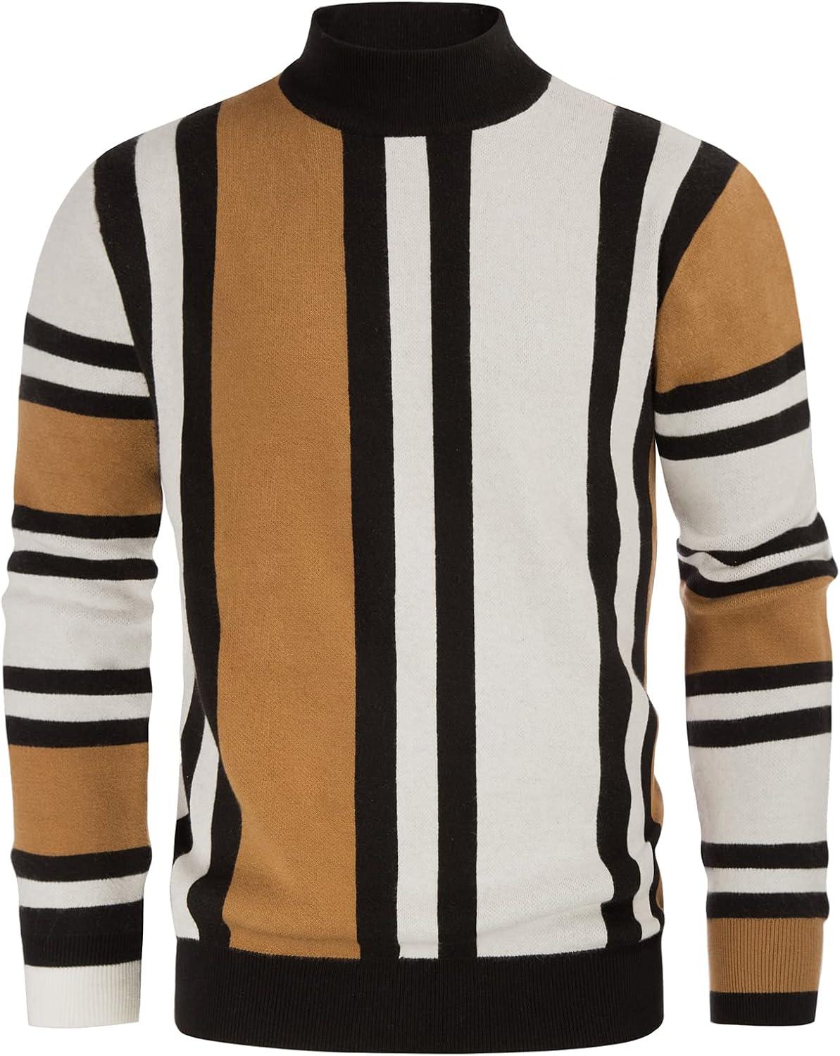 imageGRACE KARIN Mens Sweater Turtleneck Striped Pullover Fashion Christmas SweaterCamel