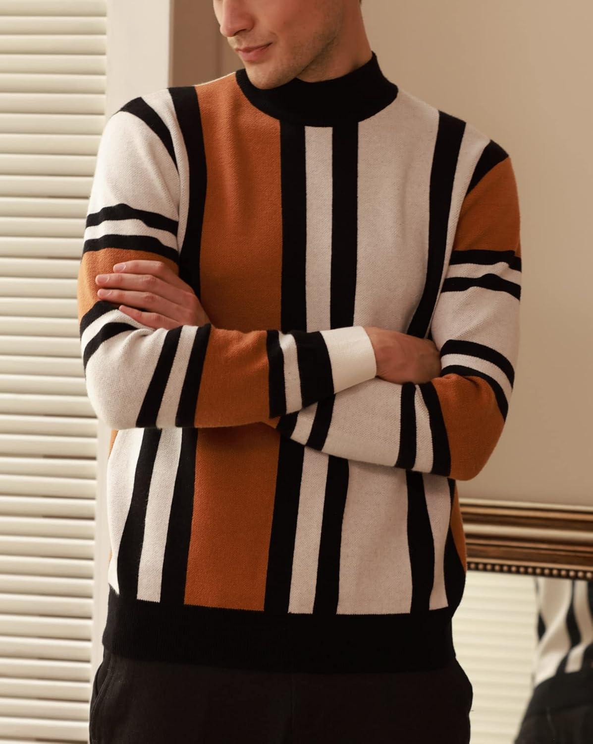 imageGRACE KARIN Mens Sweater Turtleneck Striped Pullover Fashion Christmas SweaterCamel