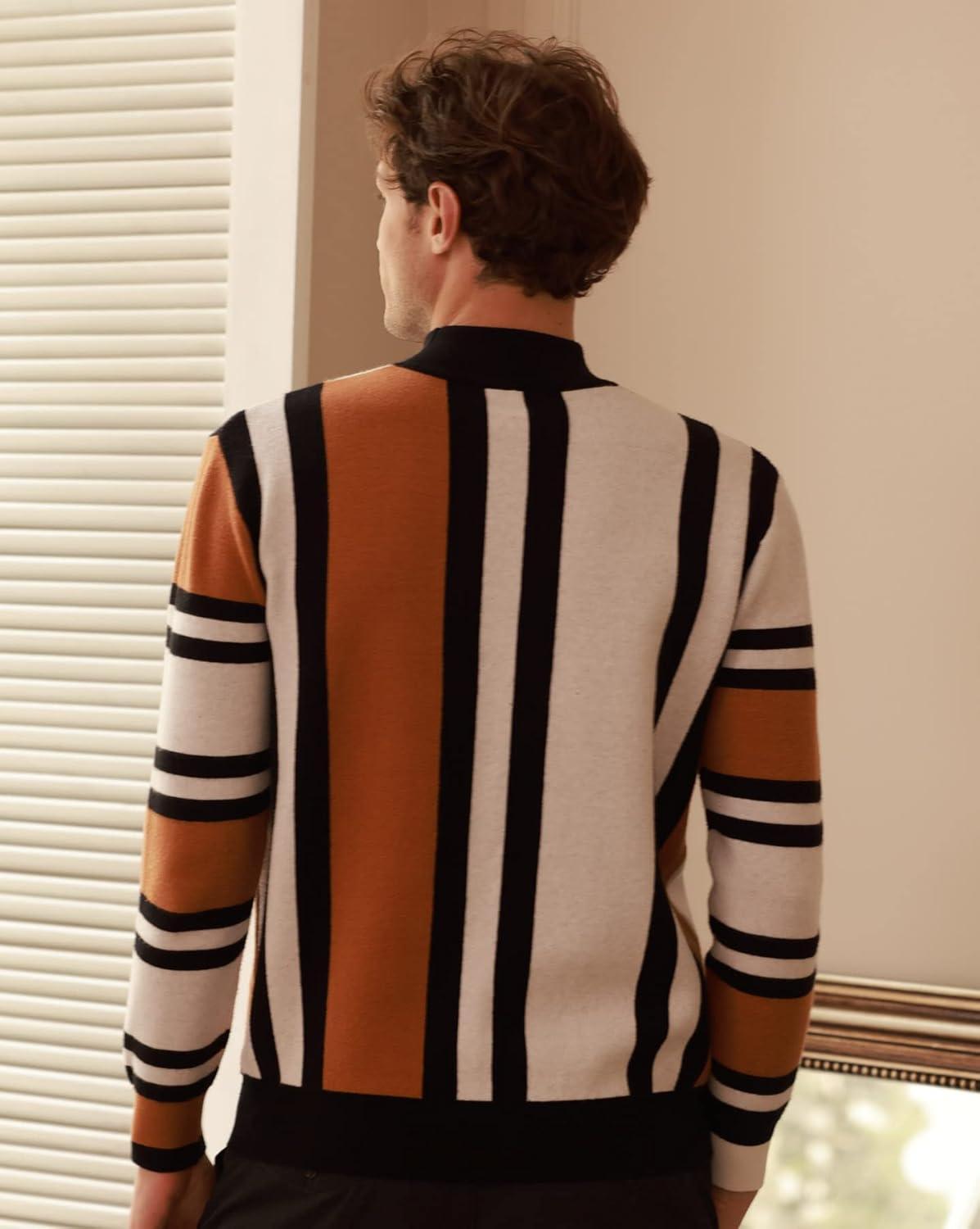 imageGRACE KARIN Mens Sweater Turtleneck Striped Pullover Fashion Christmas SweaterCamel