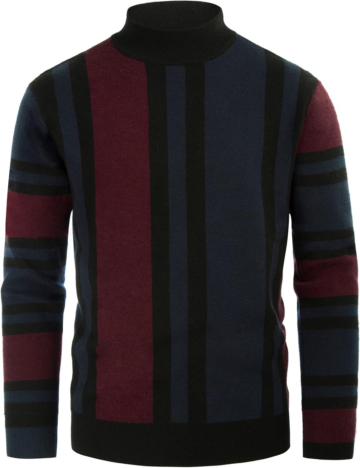imageGRACE KARIN Mens Sweater Turtleneck Striped Pullover Fashion Christmas SweaterWine