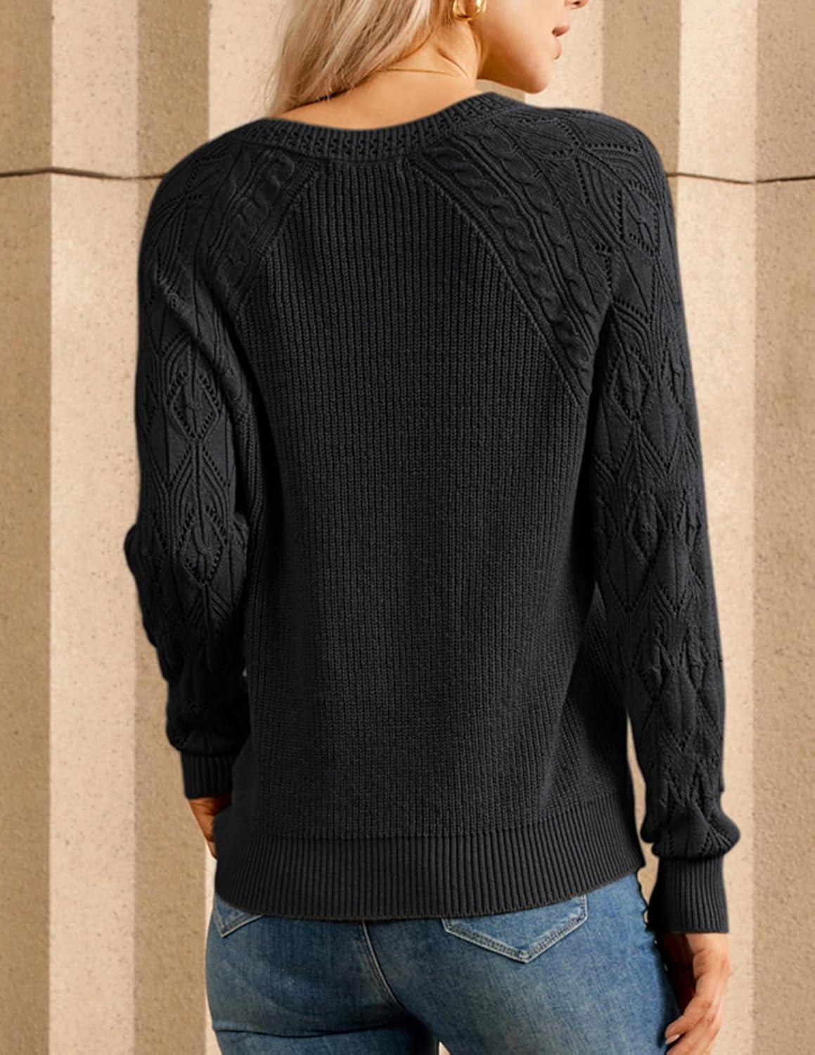 imageGRACE KARIN V Neck Sweater for Women Crochet Pullover Sweater Tops Cable Knit Sleeve Sweaters Spring Summer Fashion 2025Black