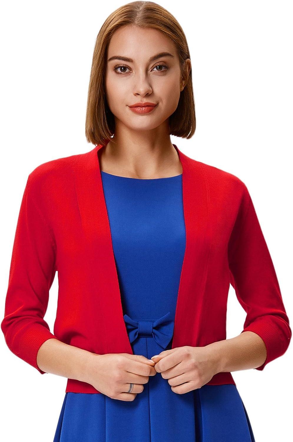imageGRACE KARIN Women Cardigan Sweaters Lightweight Knit Cropped Cardigans Trendy 34 Sleeve Shrug Bolero S3XLRed