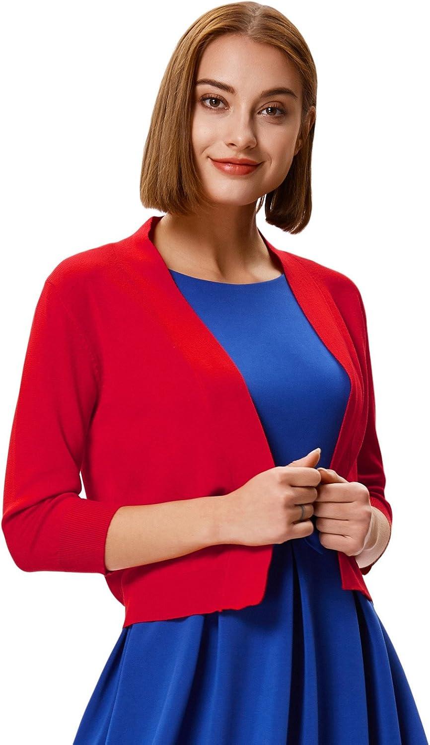 imageGRACE KARIN Women Cardigan Sweaters Lightweight Knit Cropped Cardigans Trendy 34 Sleeve Shrug Bolero S3XLRed
