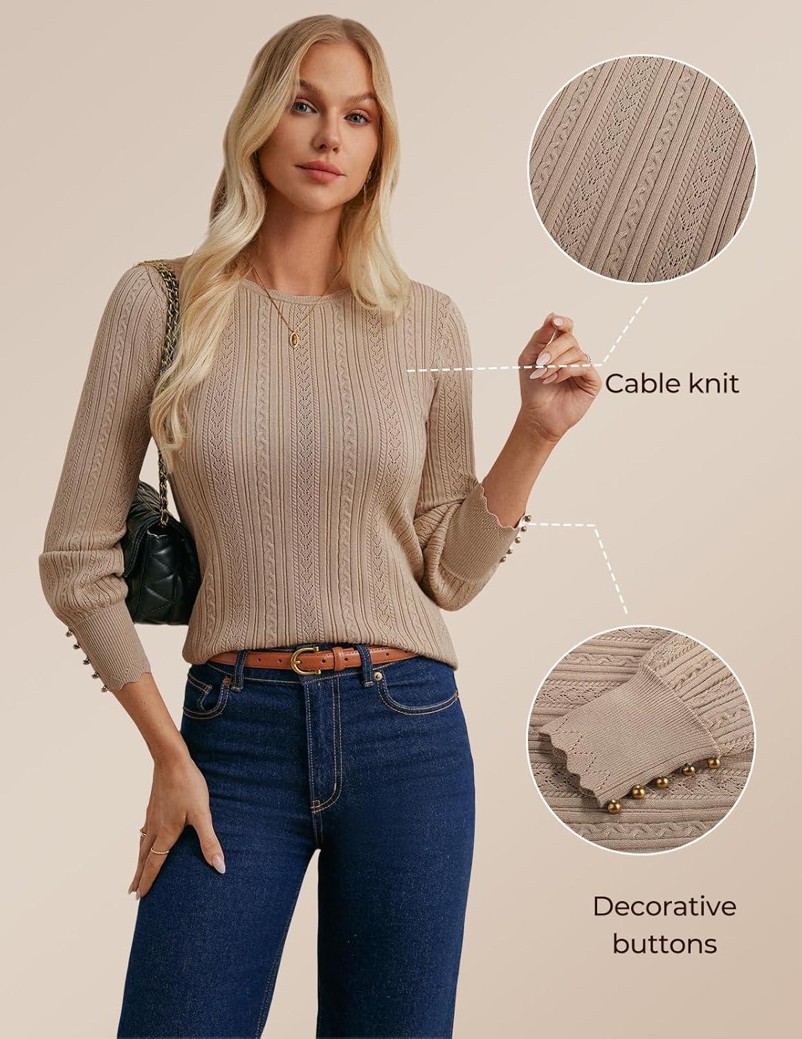 imageGRACE KARIN Women Long Sleeve Sweater Cable Knit Crewneck Sweater Lightweight Knit Pullover Tops with Decorative ButtonsKhaki