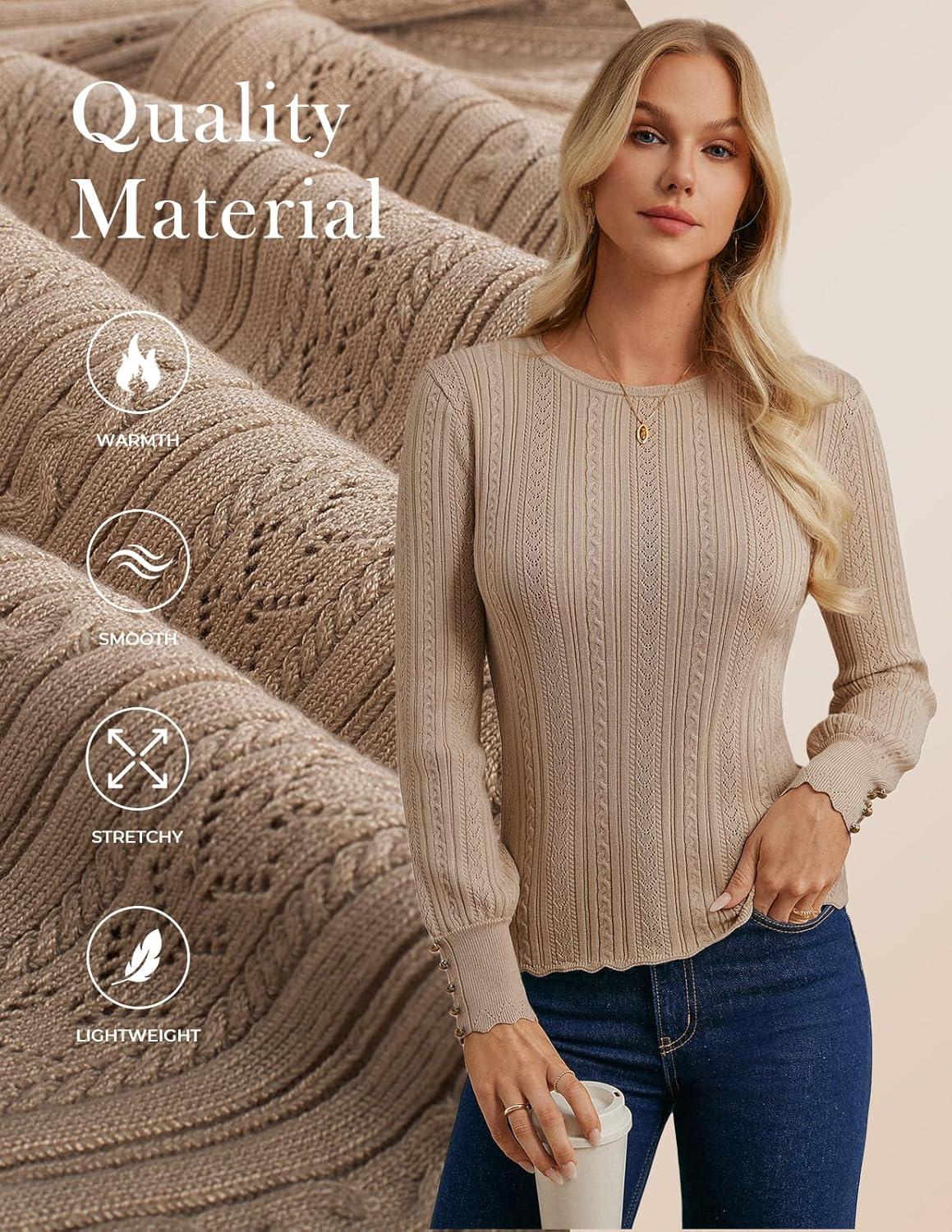 imageGRACE KARIN Women Long Sleeve Sweater Cable Knit Crewneck Sweater Lightweight Knit Pullover Tops with Decorative ButtonsKhaki