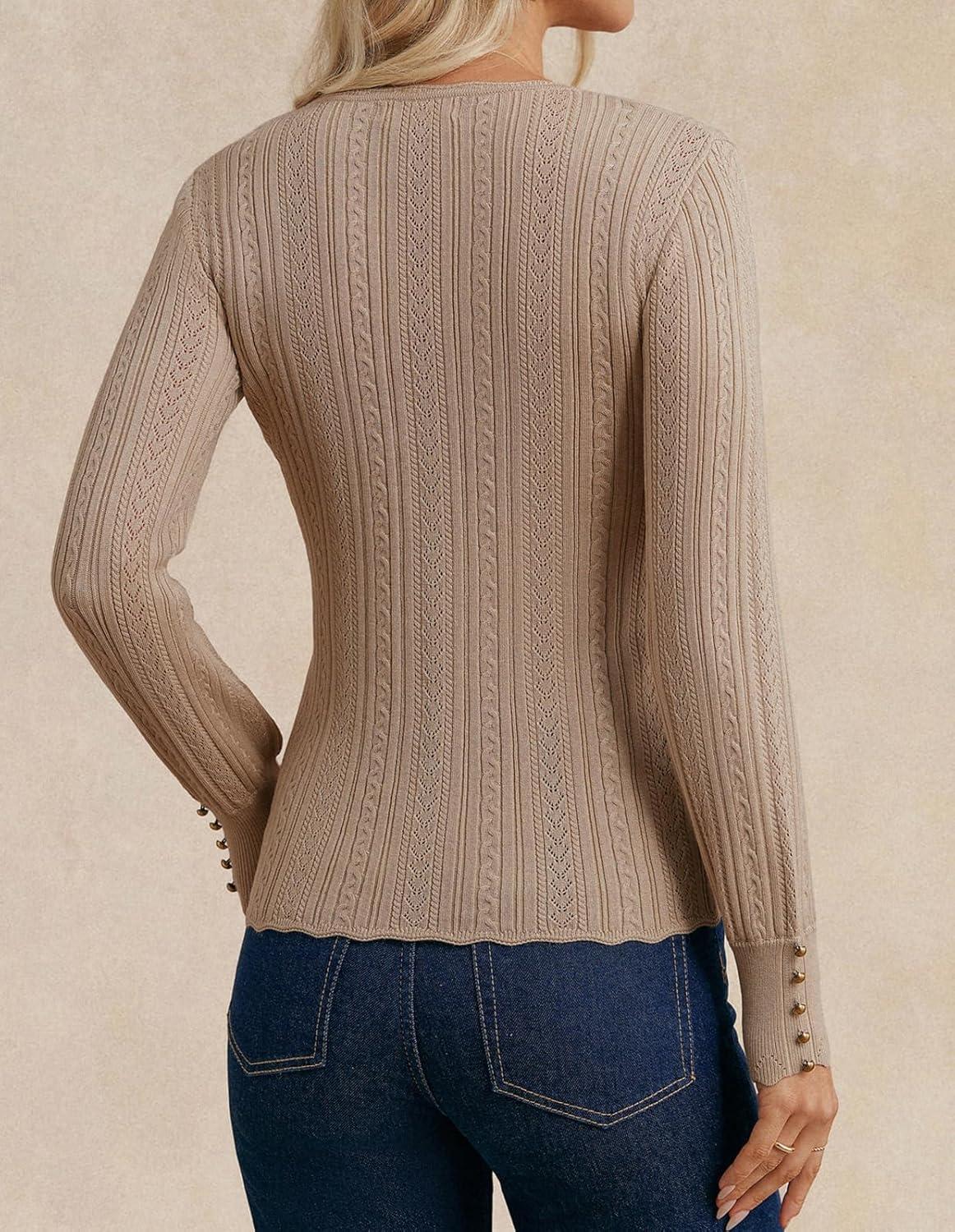 imageGRACE KARIN Women Long Sleeve Sweater Cable Knit Crewneck Sweater Lightweight Knit Pullover Tops with Decorative ButtonsKhaki
