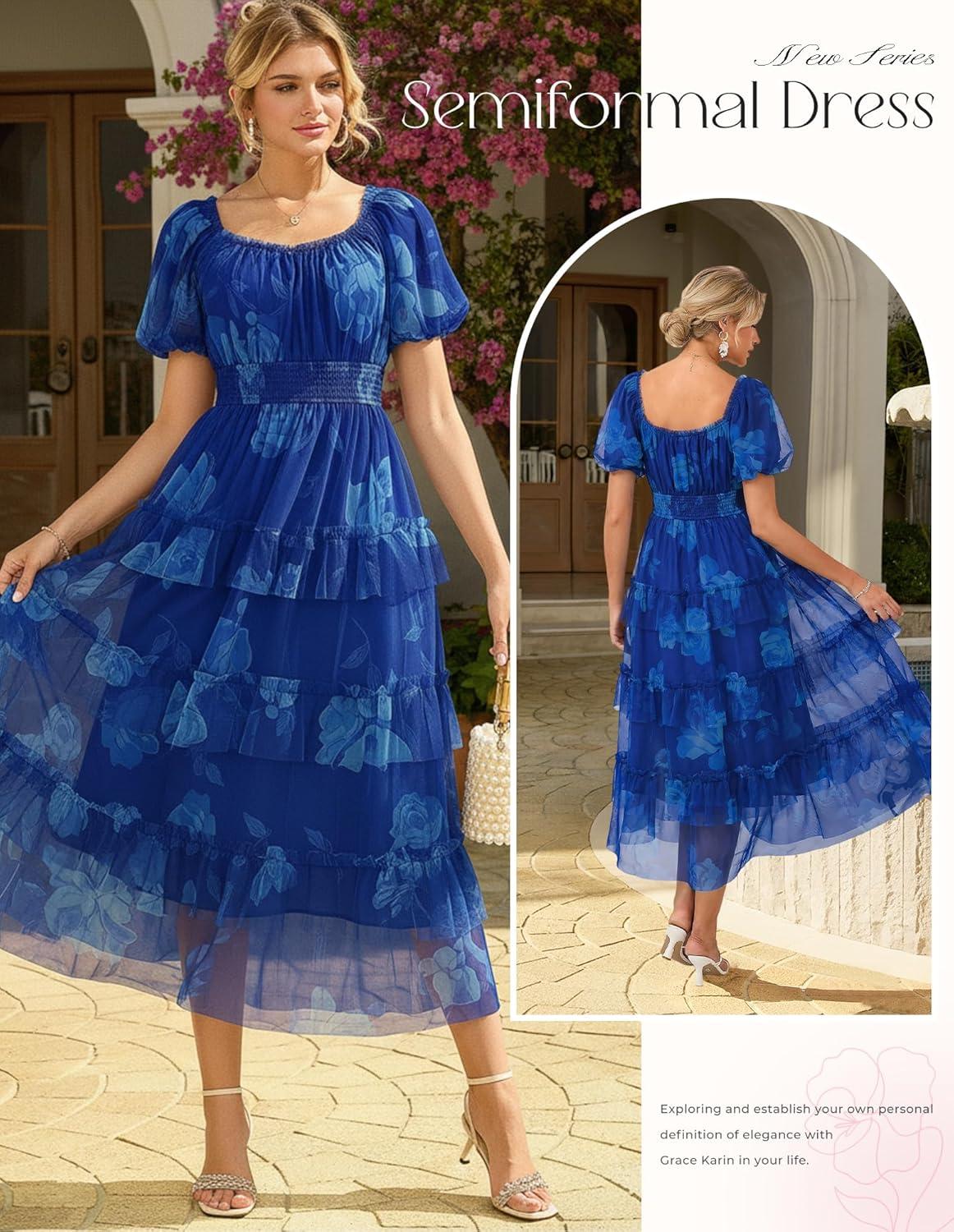 imageGRACE KARIN Womens 2026 Summer Midi Tulle DressSquare Neck Puff Sleeve Smocked Mesh DressesWedding Guest Party DressesBlue White