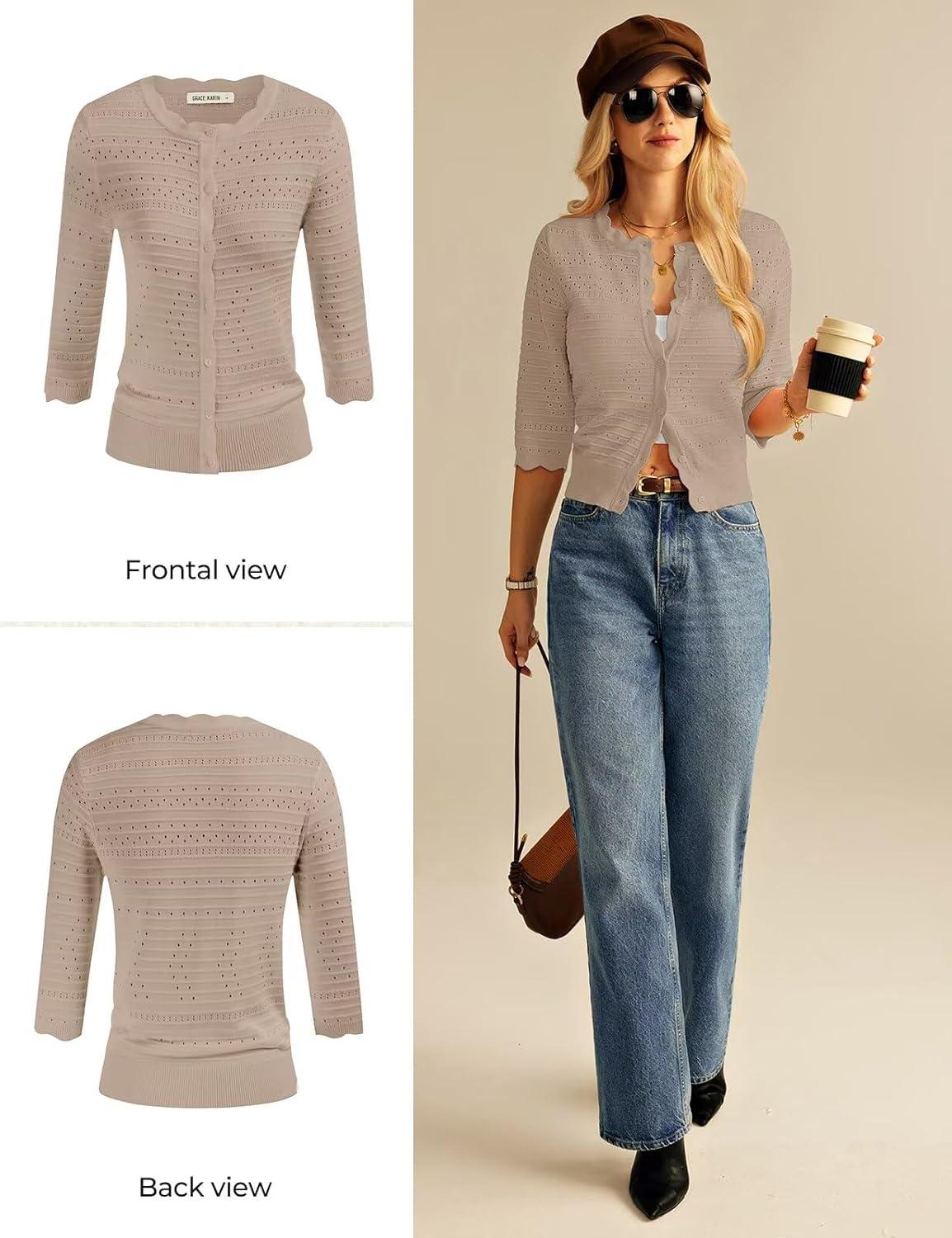 imageGRACE KARIN Womens 34 Sleeve Cardigan Sweater Lightweight Cropped Cardigan Trendy Dressy Casual Crochet Bolero Shrugs02 Khaki
