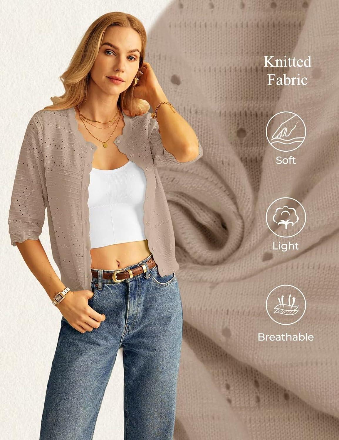 imageGRACE KARIN Womens 34 Sleeve Cardigan Sweater Lightweight Cropped Cardigan Trendy Dressy Casual Crochet Bolero Shrugs02 Khaki