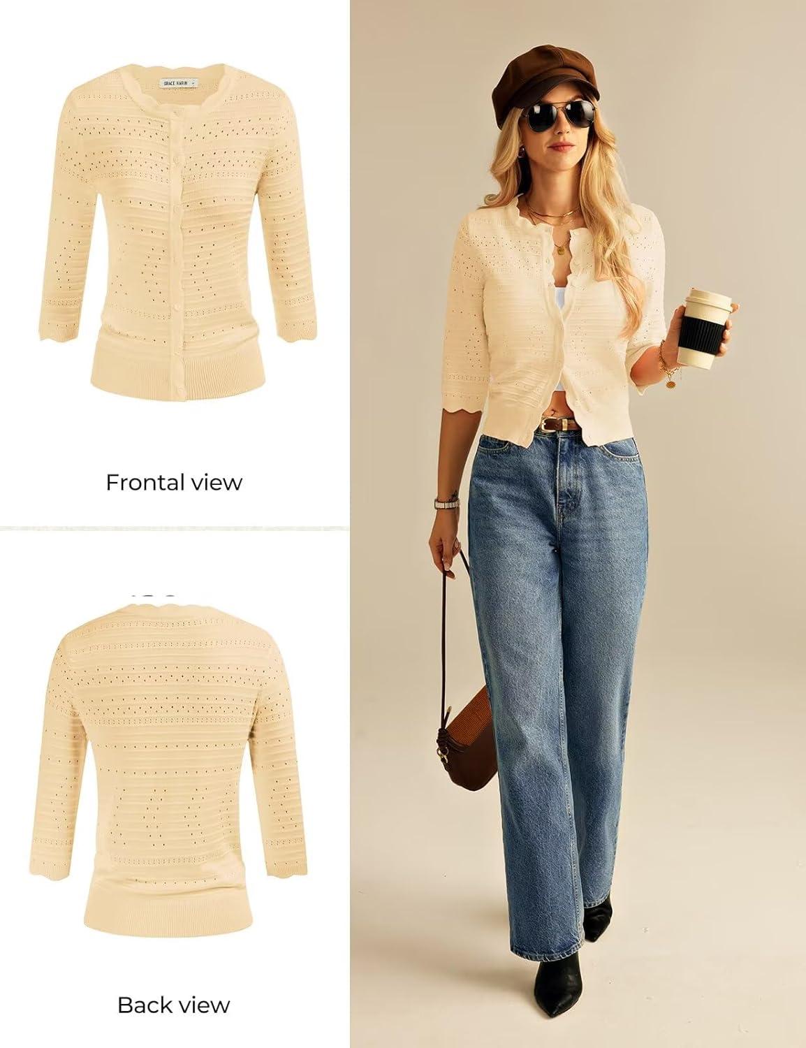 imageGRACE KARIN Womens 34 Sleeve Cardigan Sweater Lightweight Cropped Cardigan Trendy Dressy Casual Crochet Bolero ShrugsApricot