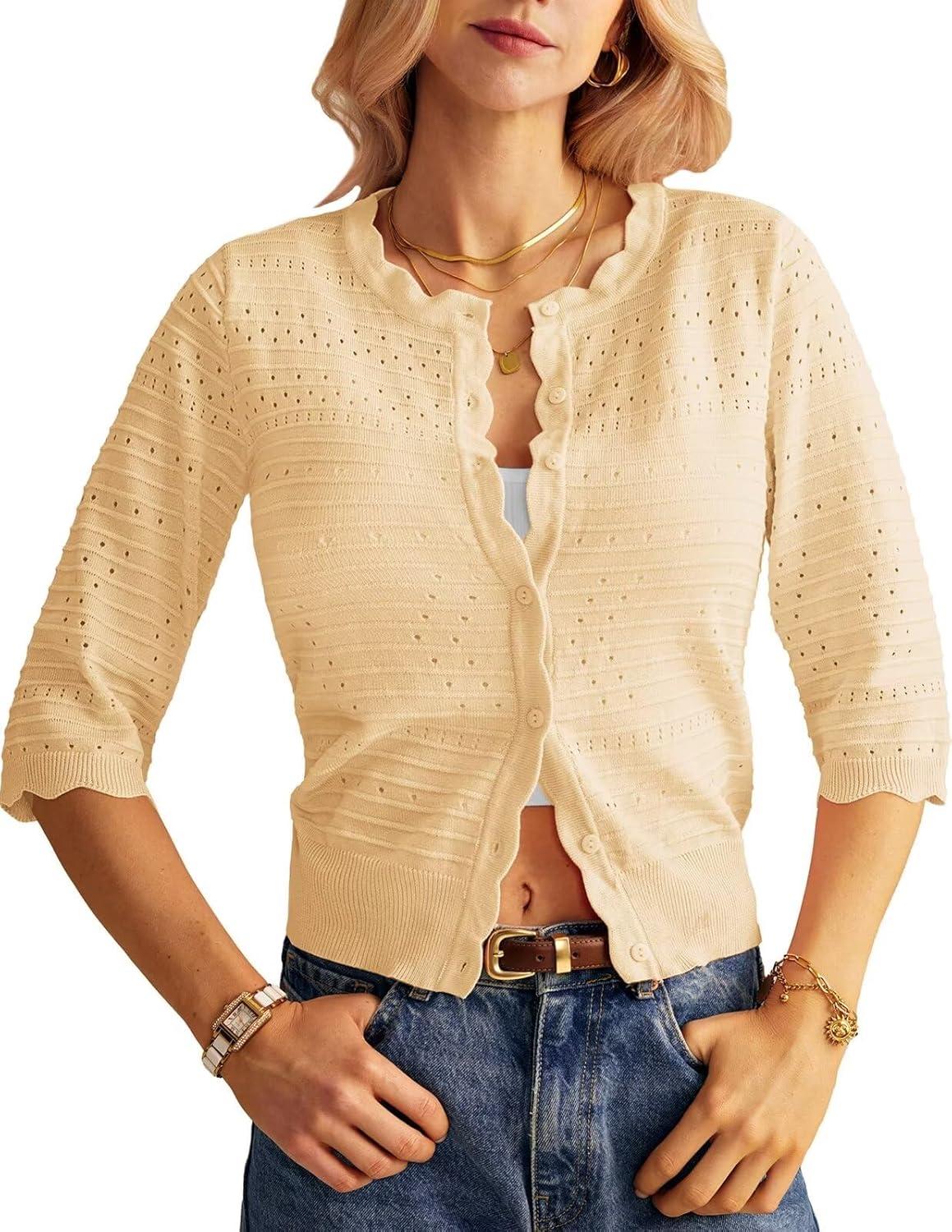 imageGRACE KARIN Womens 34 Sleeve Cardigan Sweater Lightweight Cropped Cardigan Trendy Dressy Casual Crochet Bolero ShrugsApricot
