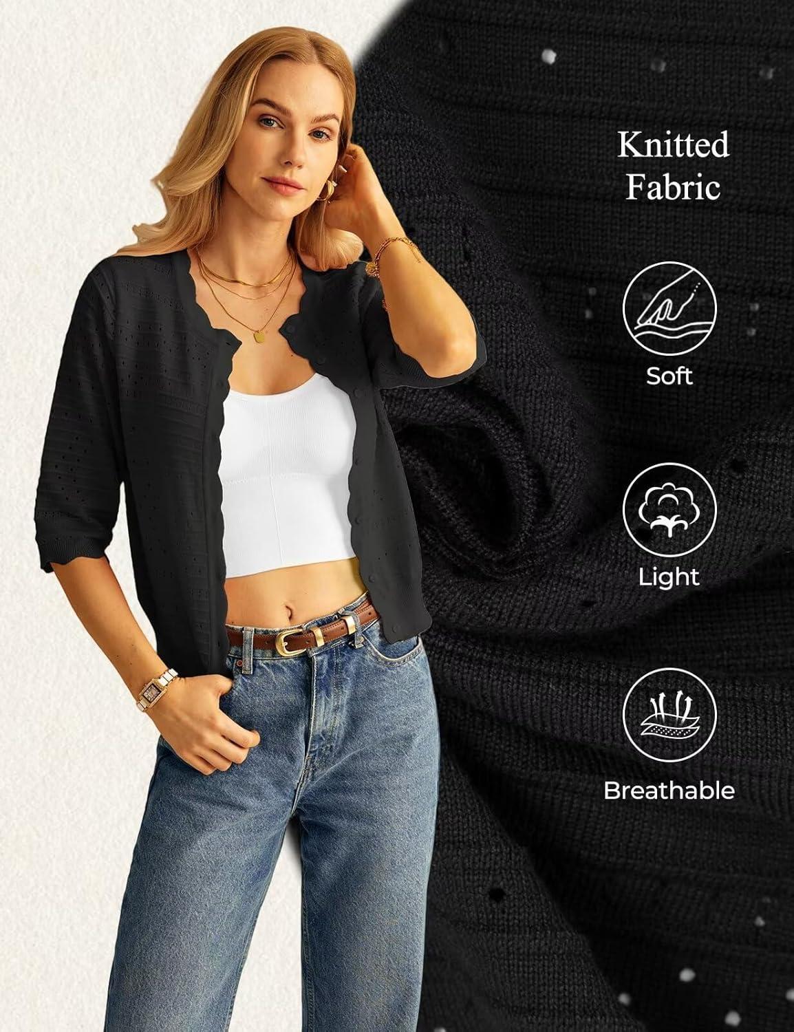 imageGRACE KARIN Womens 34 Sleeve Cardigan Sweater Lightweight Cropped Cardigan Trendy Dressy Casual Crochet Bolero ShrugsBlack