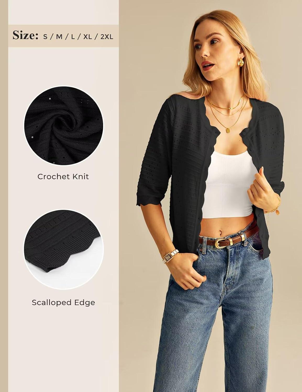 imageGRACE KARIN Womens 34 Sleeve Cardigan Sweater Lightweight Cropped Cardigan Trendy Dressy Casual Crochet Bolero ShrugsBlack