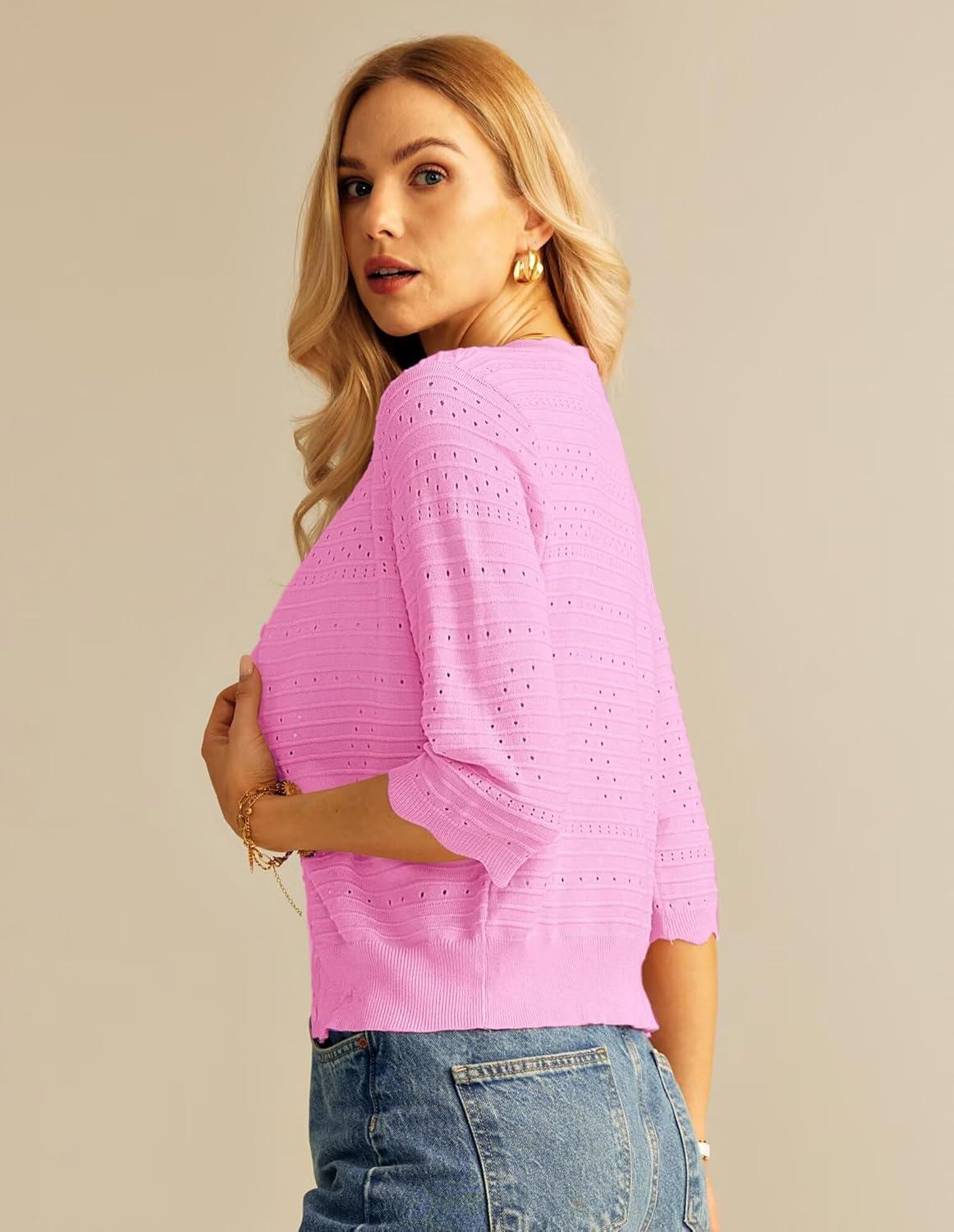 imageGRACE KARIN Womens 34 Sleeve Cardigan Sweater Lightweight Cropped Cardigan Trendy Dressy Casual Crochet Bolero ShrugsBright Pink