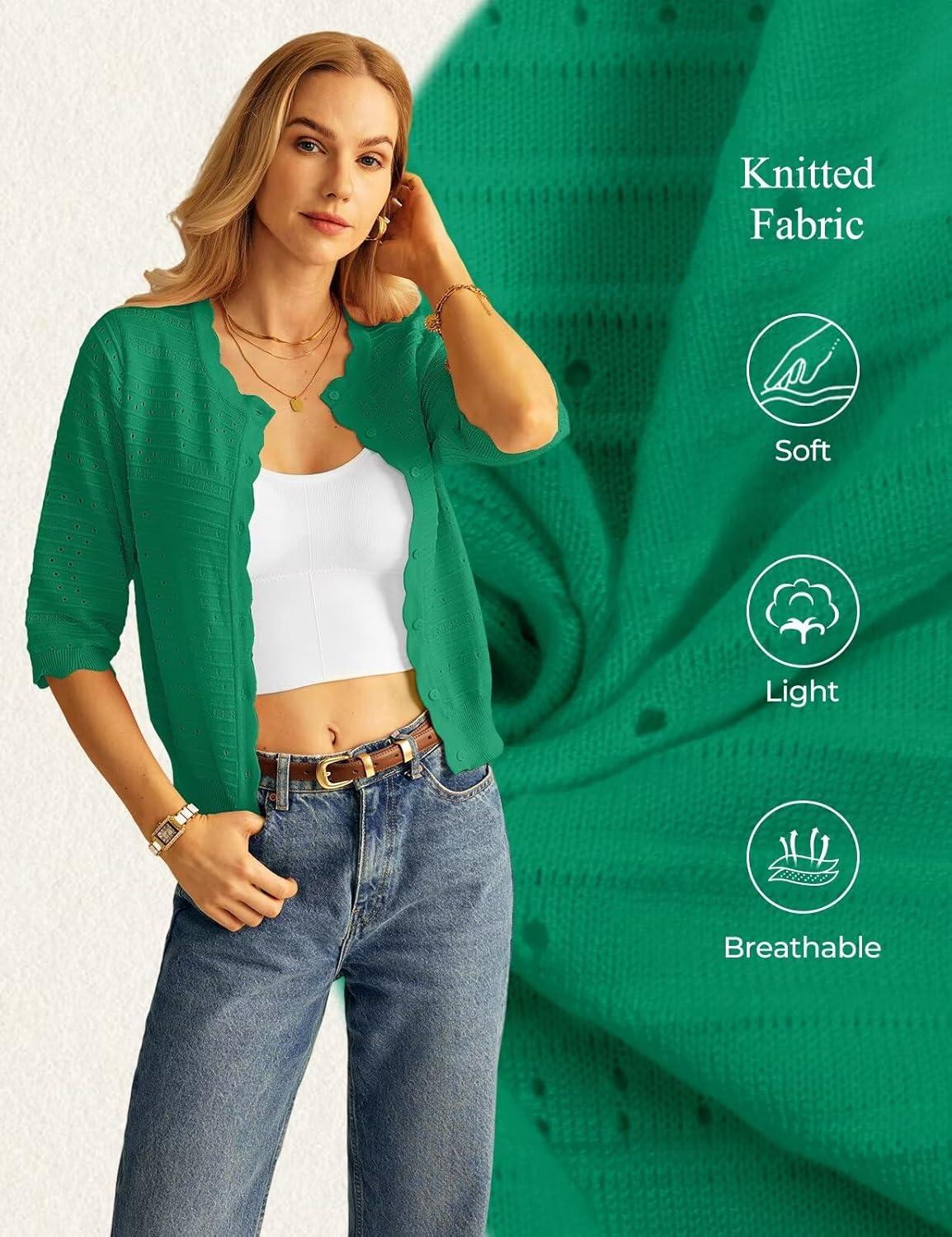 imageGRACE KARIN Womens 34 Sleeve Cardigan Sweater Lightweight Cropped Cardigan Trendy Dressy Casual Crochet Bolero ShrugsGreen