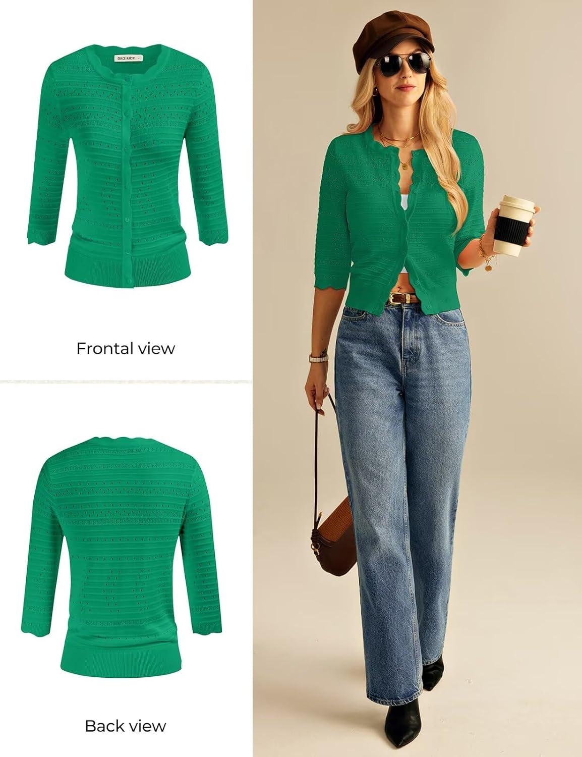 imageGRACE KARIN Womens 34 Sleeve Cardigan Sweater Lightweight Cropped Cardigan Trendy Dressy Casual Crochet Bolero ShrugsGreen
