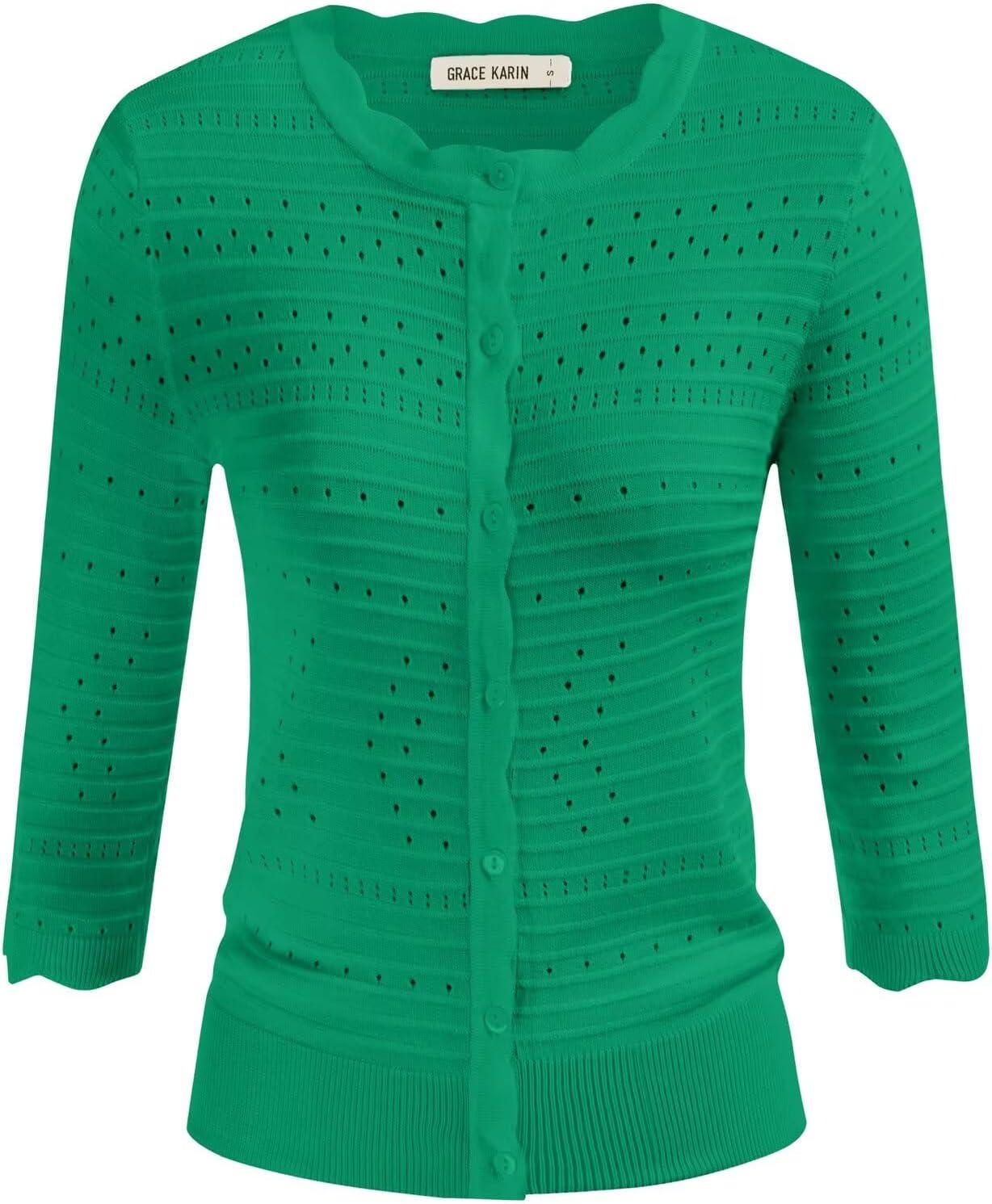 imageGRACE KARIN Womens 34 Sleeve Cardigan Sweater Lightweight Cropped Cardigan Trendy Dressy Casual Crochet Bolero ShrugsGreen