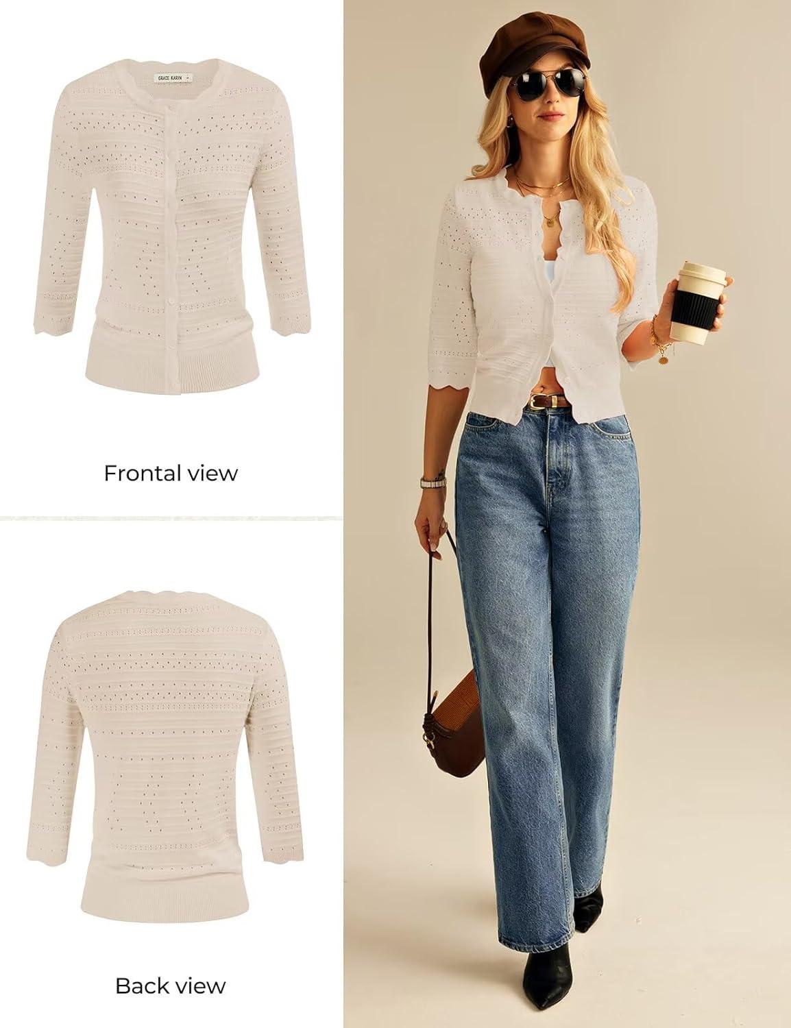 imageGRACE KARIN Womens 34 Sleeve Cardigan Sweater Lightweight Cropped Cardigan Trendy Dressy Casual Crochet Bolero ShrugsLight Apricot