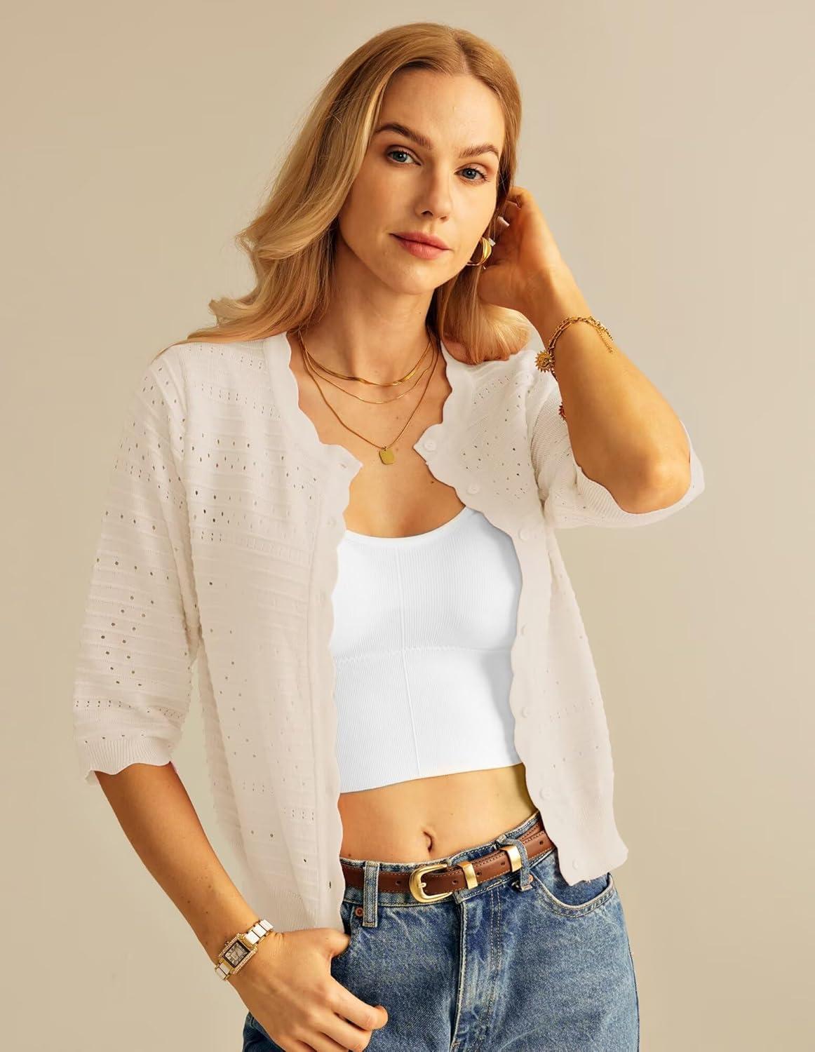 imageGRACE KARIN Womens 34 Sleeve Cardigan Sweater Lightweight Cropped Cardigan Trendy Dressy Casual Crochet Bolero ShrugsLight Apricot