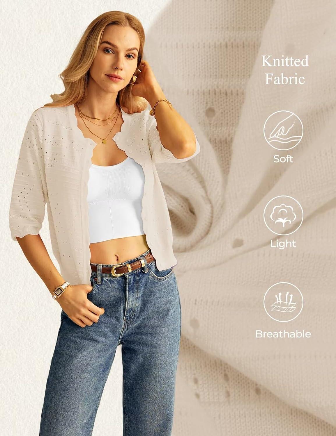 imageGRACE KARIN Womens 34 Sleeve Cardigan Sweater Lightweight Cropped Cardigan Trendy Dressy Casual Crochet Bolero ShrugsLight Apricot