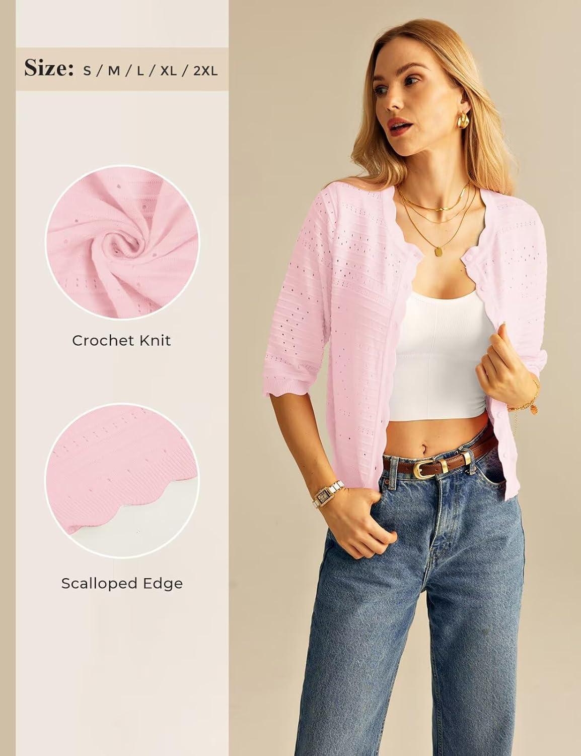 imageGRACE KARIN Womens 34 Sleeve Cardigan Sweater Lightweight Cropped Cardigan Trendy Dressy Casual Crochet Bolero ShrugsPink