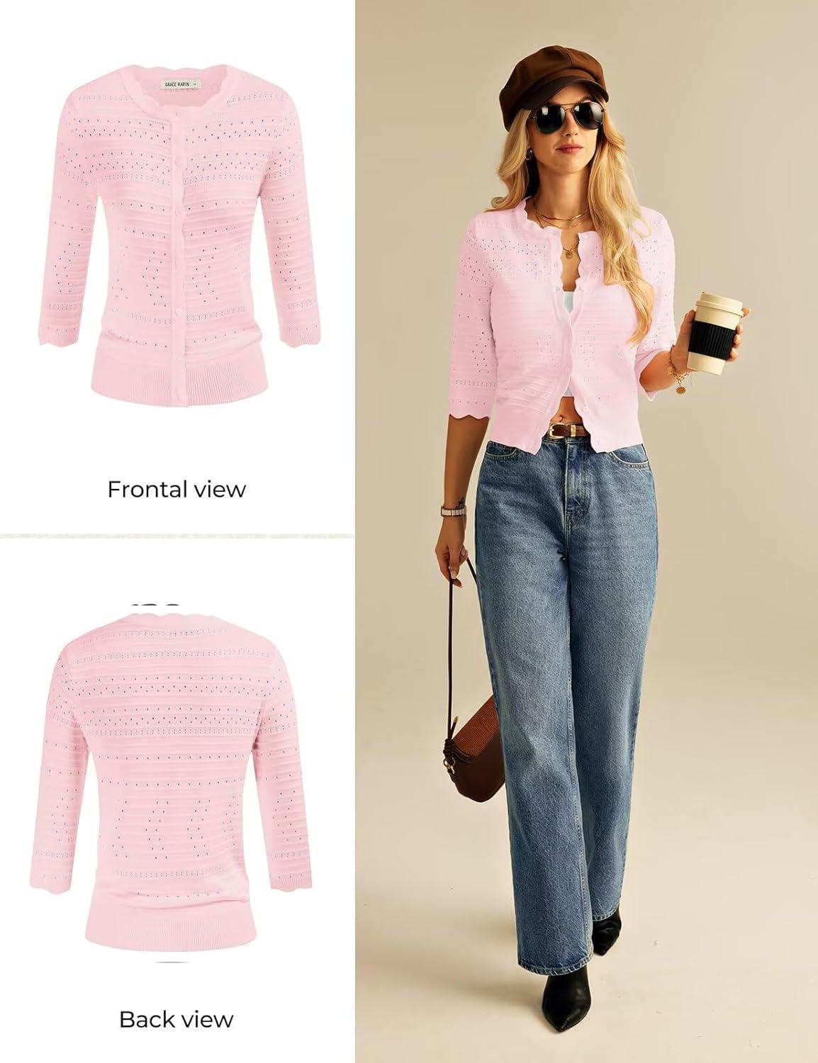 imageGRACE KARIN Womens 34 Sleeve Cardigan Sweater Lightweight Cropped Cardigan Trendy Dressy Casual Crochet Bolero ShrugsPink