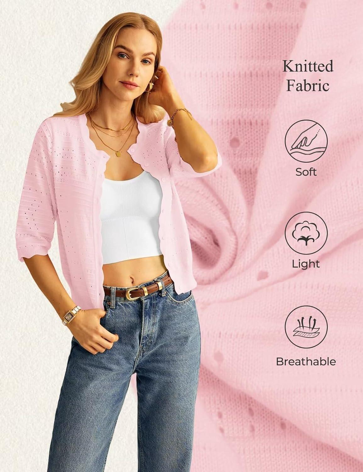 imageGRACE KARIN Womens 34 Sleeve Cardigan Sweater Lightweight Cropped Cardigan Trendy Dressy Casual Crochet Bolero ShrugsPink