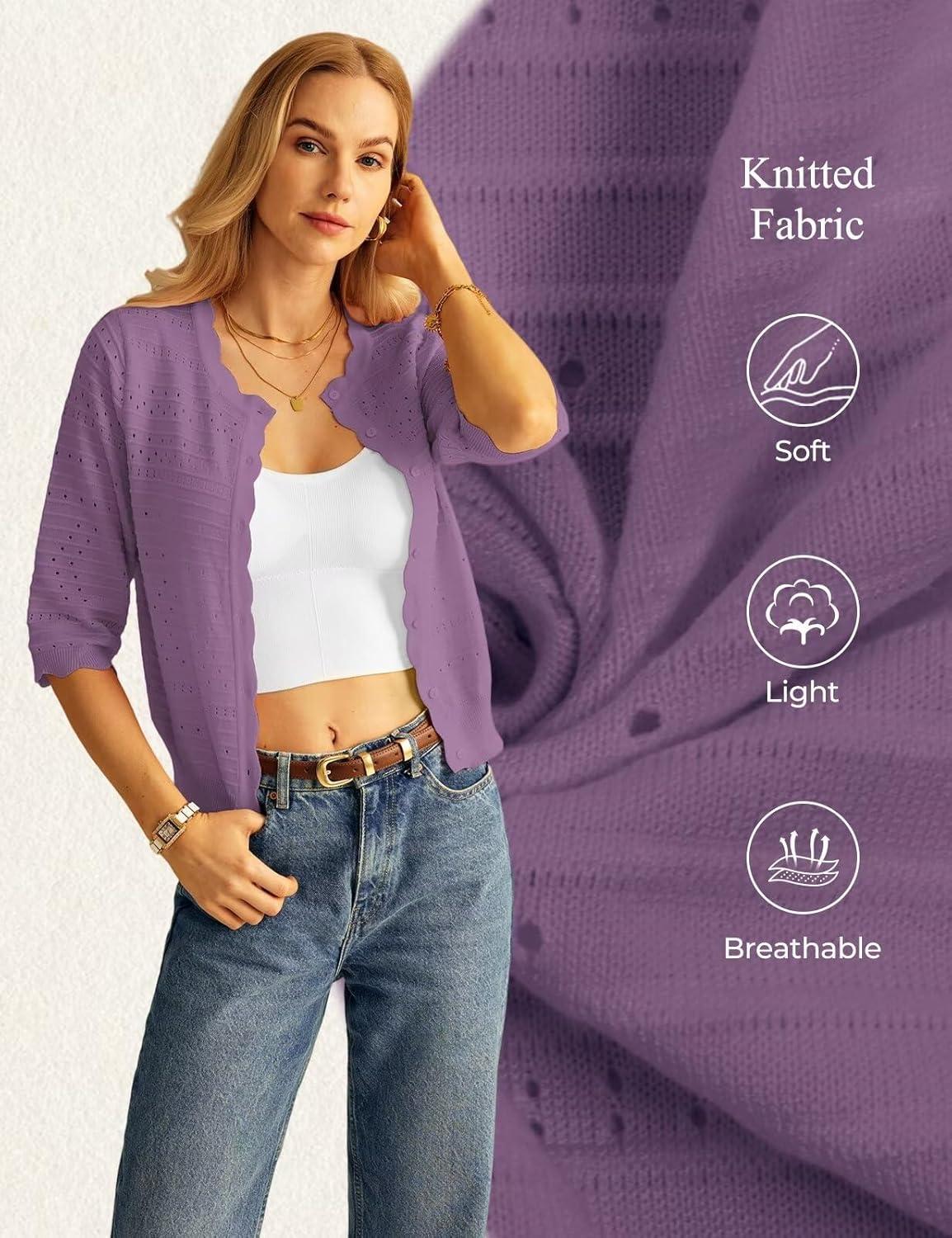 imageGRACE KARIN Womens 34 Sleeve Cardigan Sweater Lightweight Cropped Cardigan Trendy Dressy Casual Crochet Bolero ShrugsPurple