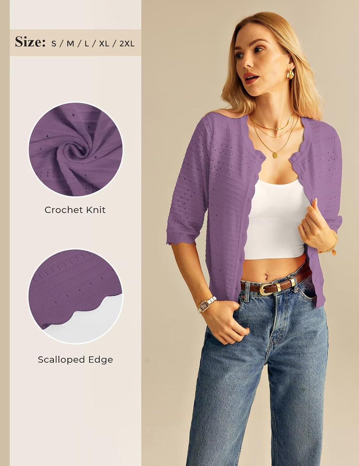 imageGRACE KARIN Womens 34 Sleeve Cardigan Sweater Lightweight Cropped Cardigan Trendy Dressy Casual Crochet Bolero ShrugsPurple