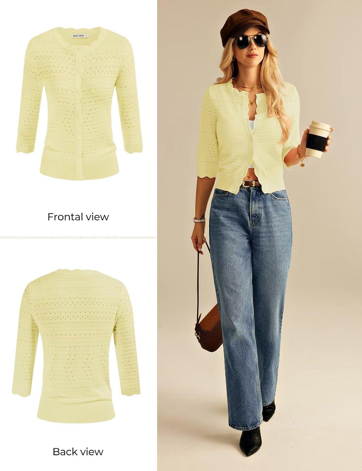 imageGRACE KARIN Womens 34 Sleeve Cardigan Sweater Lightweight Cropped Cardigan Trendy Dressy Casual Crochet Bolero ShrugsYellow