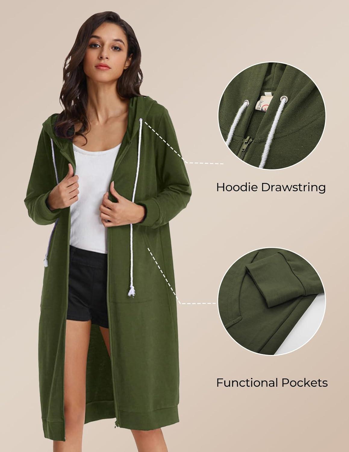 imageGRACE KARIN Womens Casual Pockets Zip up Hoodies Tunic Sweatshirt Long Hoodie JacketArmy Green