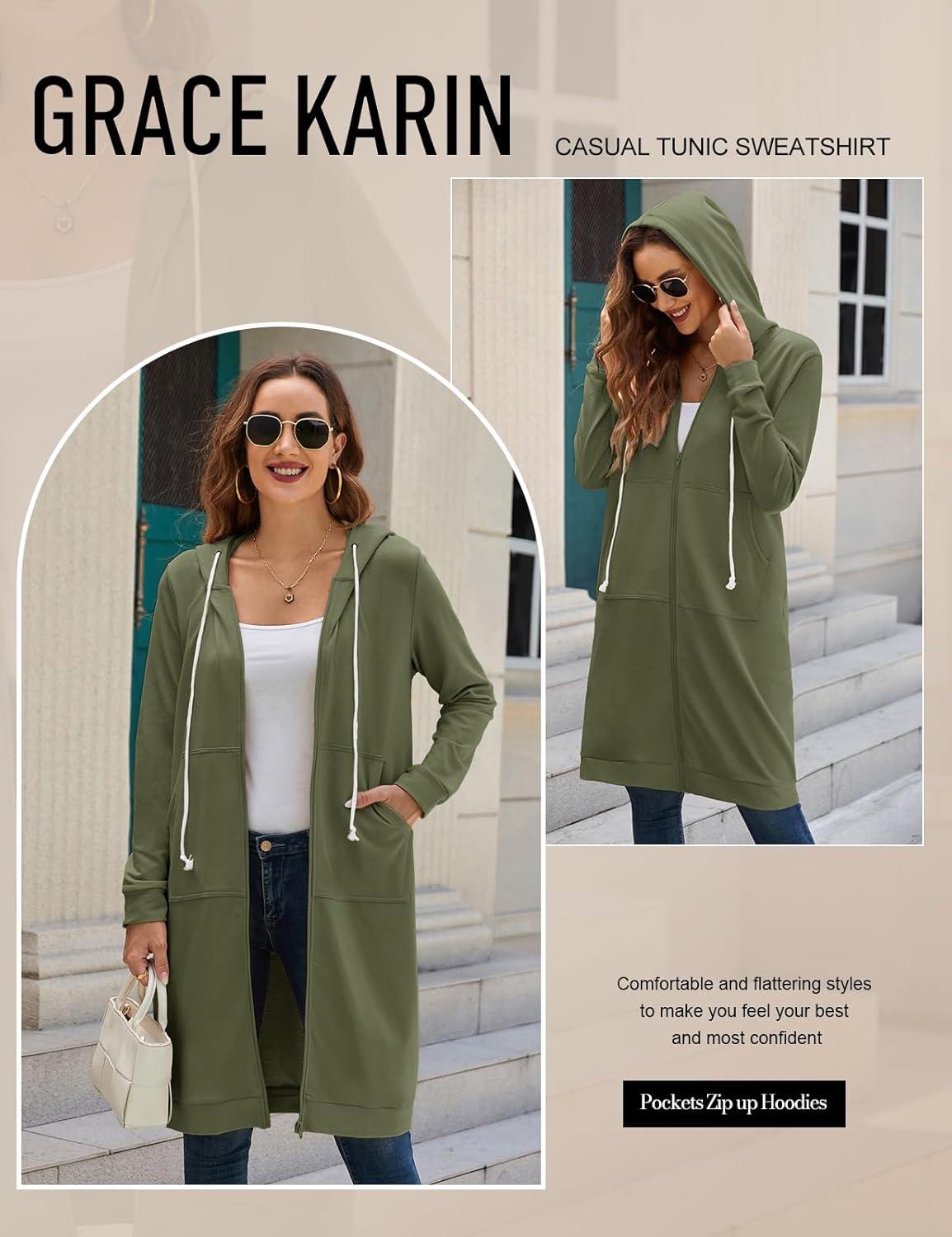 imageGRACE KARIN Womens Casual Pockets Zip up Hoodies Tunic Sweatshirt Long Hoodie JacketArmy Green
