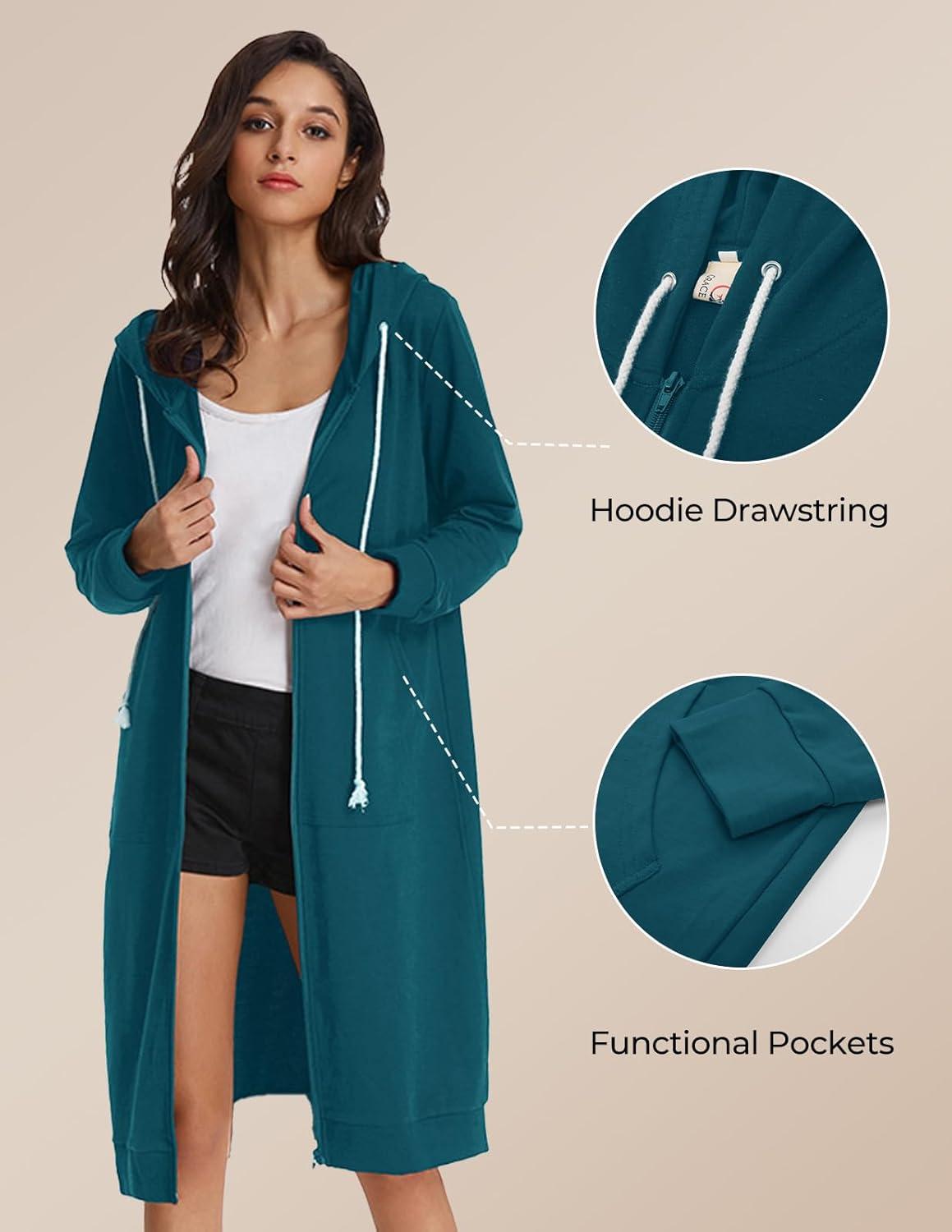 imageGRACE KARIN Womens Casual Pockets Zip up Hoodies Tunic Sweatshirt Long Hoodie JacketBlue Green