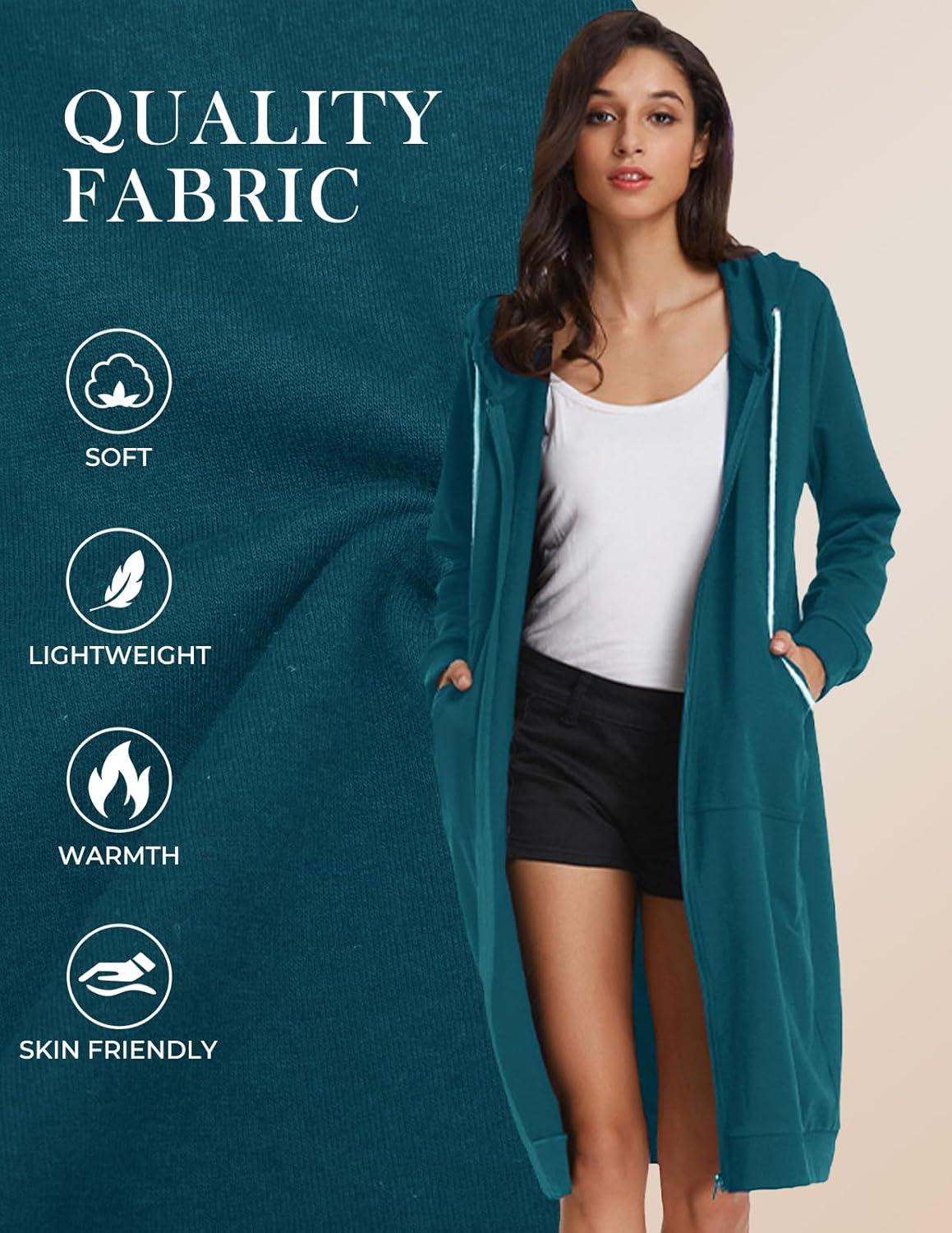 imageGRACE KARIN Womens Casual Pockets Zip up Hoodies Tunic Sweatshirt Long Hoodie JacketBlue Green